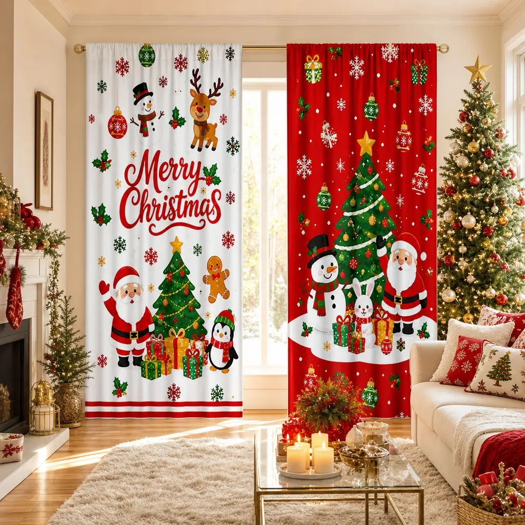 2pcs Christmas cartoon printed curtains with red and white dual designs featuring Santa Claus, snowman, reindeer pattern, bedroom, living room, kitchen, dormitory, holiday decoration, semi blackout curtains
