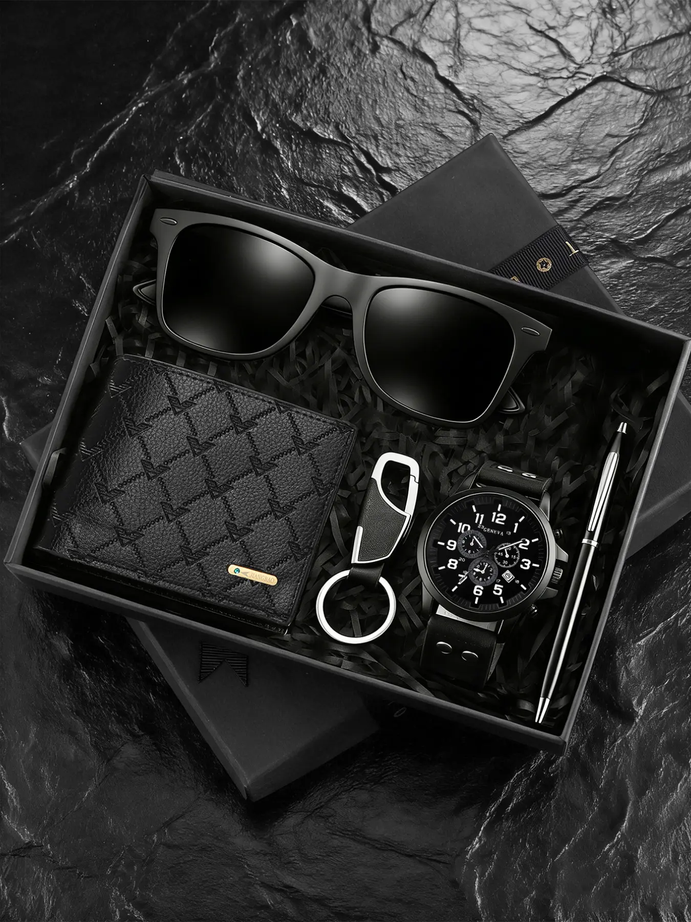5-Piece Men's Gift Set, Includes Leather Strap Quartz Watch, Pen, Keychain, Wallet, Sunglasses, Perfect for Boyfriend/father