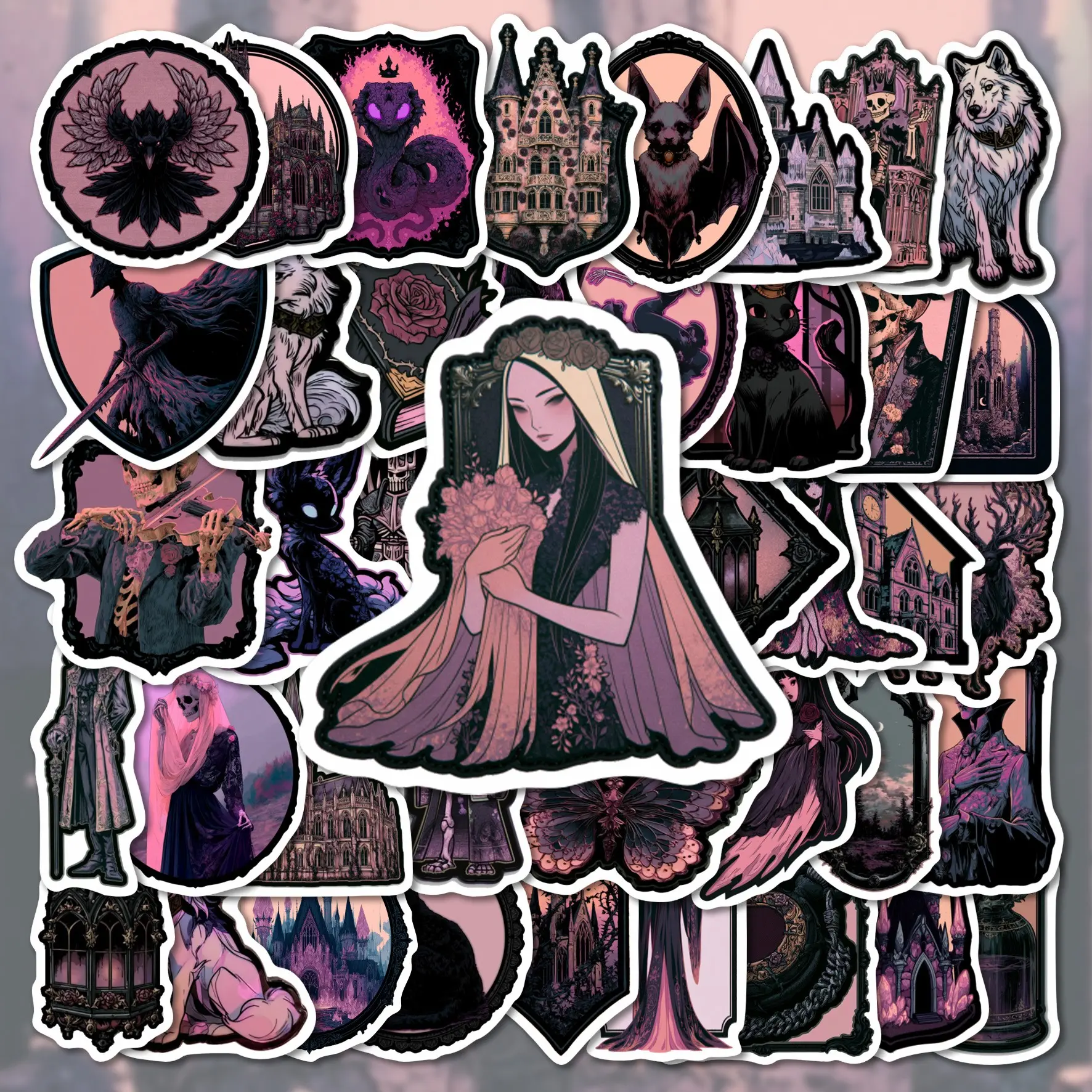 50Pcs Dark Gothic Fantasy Vinyl Stickers Pack | Castle Raven Skeleton Bat Wolf Mysterious Figure Purple Tone Graphic Decals | For Water Bottle, Phone, Luggage, Hard Shell Surface Decoration