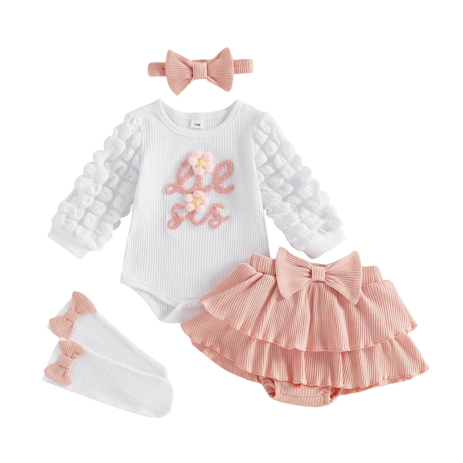 Infant Baby Girl Outfit Letter Flower Embroidery Romper Skorts Headband Socks Set Fall Winter 0-18 Months