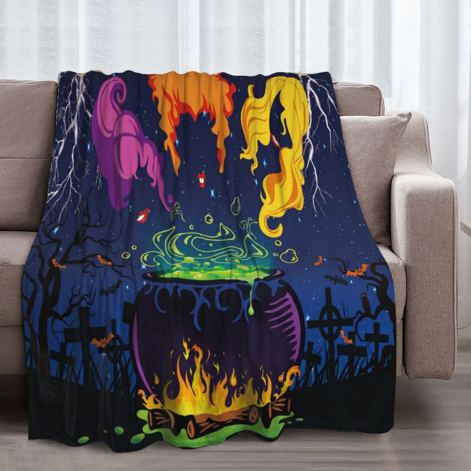 Halloween Witch Cauldron Throw Blanket, Spooky Graveyard Bat Lightning Night Sky Flannel Blanket, Colorful Witch Hair Silhouette Magic Potion Design Ultra Soft Cozy Blanket for Fall Home Decor Movie Night