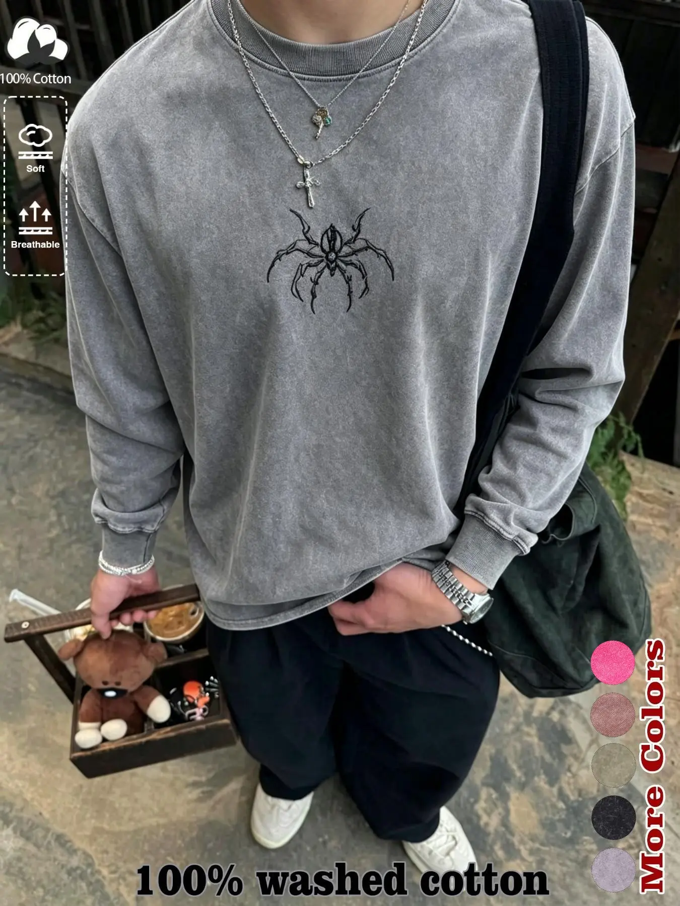 Men's 100% Washed Cotton Long Sleeve T-Shirt, Casual Style Tee, Gothic Spider Print Vintage Loose Round Neck Top, Y2K Dark Punk Breathable Streetwear, Fashion Tees