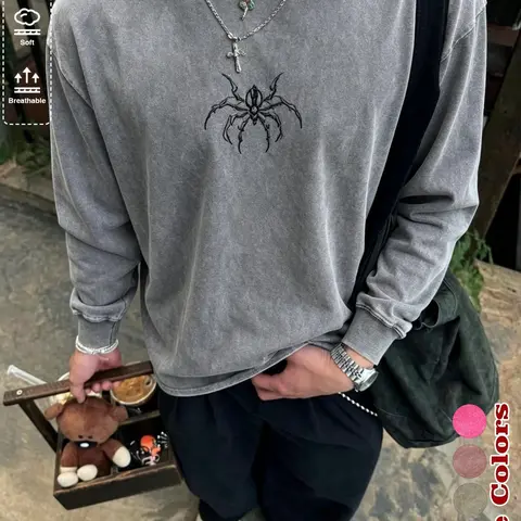 Men's 100% Washed Cotton Long Sleeve T-Shirt, Casual Style Tee, Gothic Spider Print Vintage Loose Round Neck Top, Y2K Dark Punk Breathable Streetwear, Fashion Tees