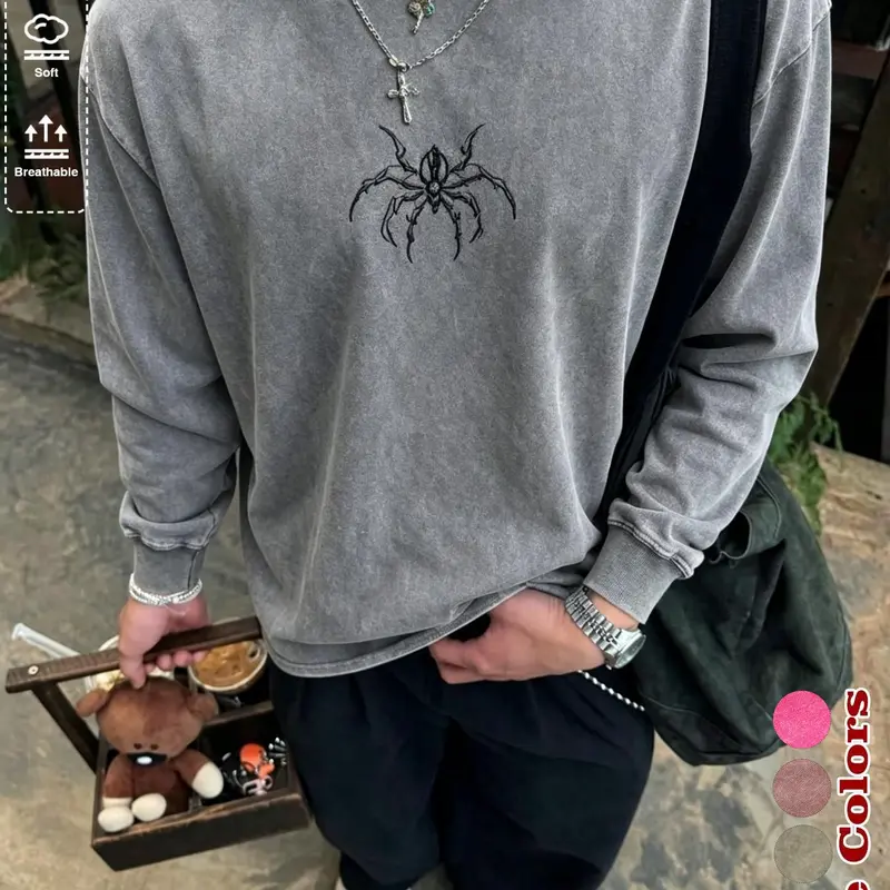 Men's 100% Washed Cotton Long Sleeve T-Shirt, Casual Style Tee, Gothic Spider Print Vintage Loose Round Neck Top, Y2K Dark Punk Breathable Streetwear, Fashion Tees