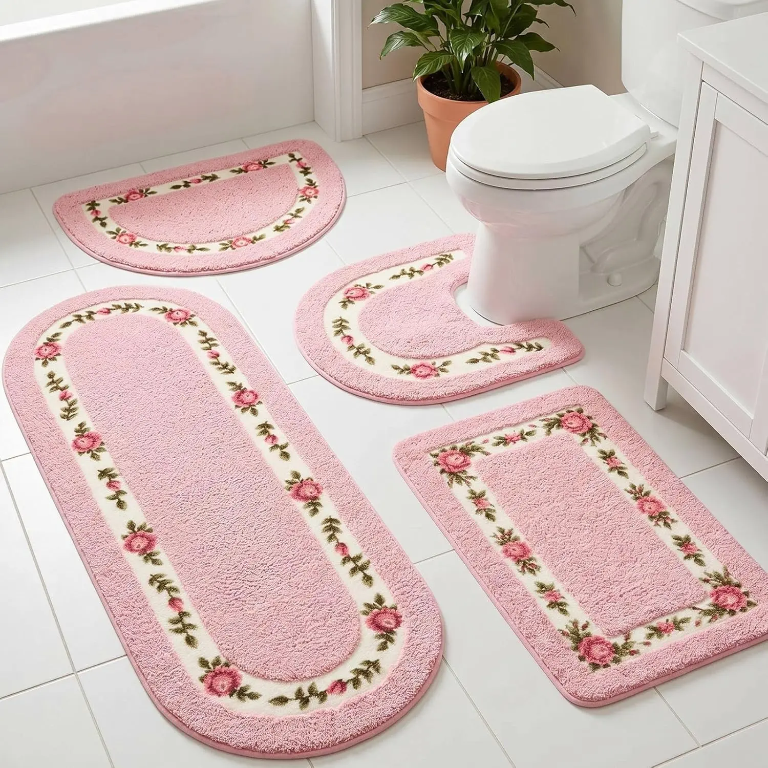 4 Pcs Rose Flowers Coquette Bathroom Rugs Set Coquette Doom Decor Rose Flower Area Rugs Non Slip Absorbent Washable Door Mat Floral Bathroom Carpet for Home Hotel, 4 Shapes(Pink)