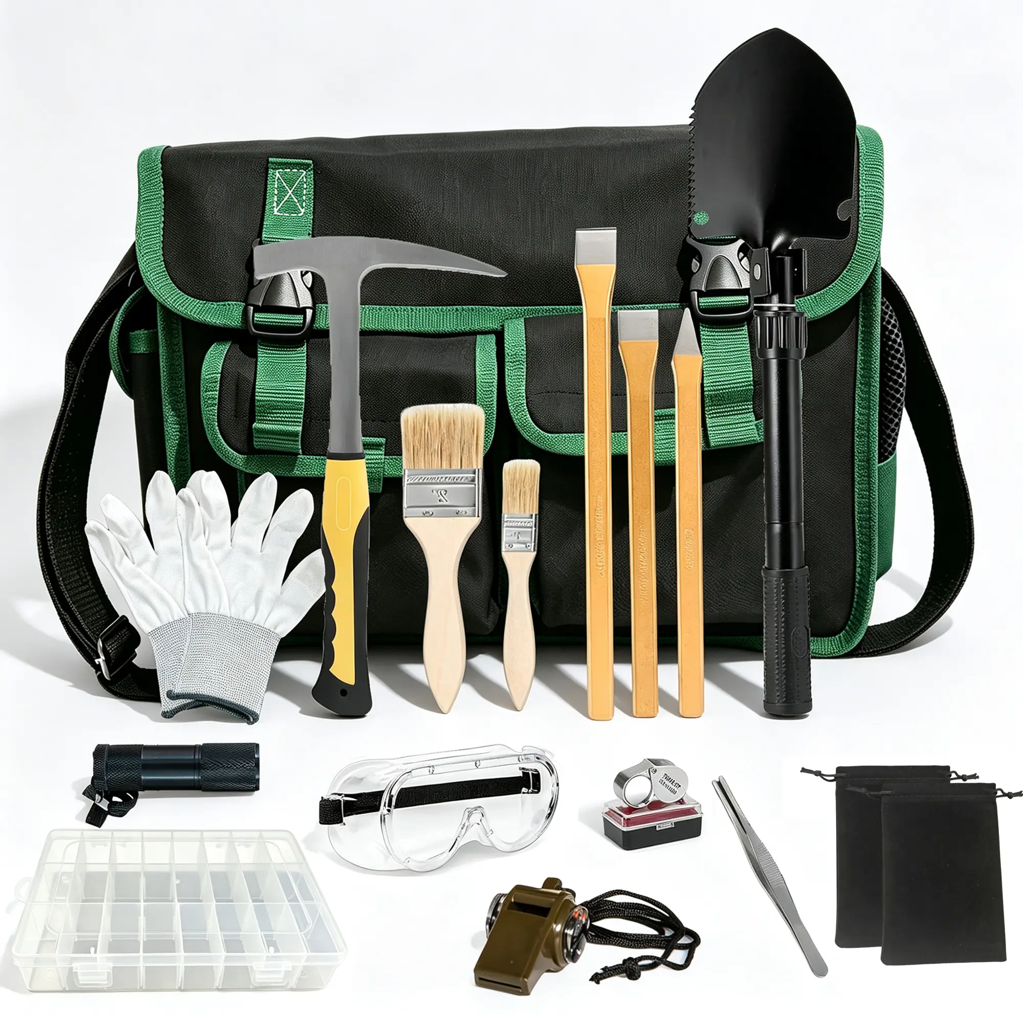 18 PCS Beginner-Friendly Chrome Vanadium Geology Pick Hammer Full Kit - 33oz Hammer, 3 Digging Chisels, Safety Glasses, Whistle, Jewelers Loupe, Tweezers, Multi-Function Shovel for Rock Lovers, Concrete Stone Breaking