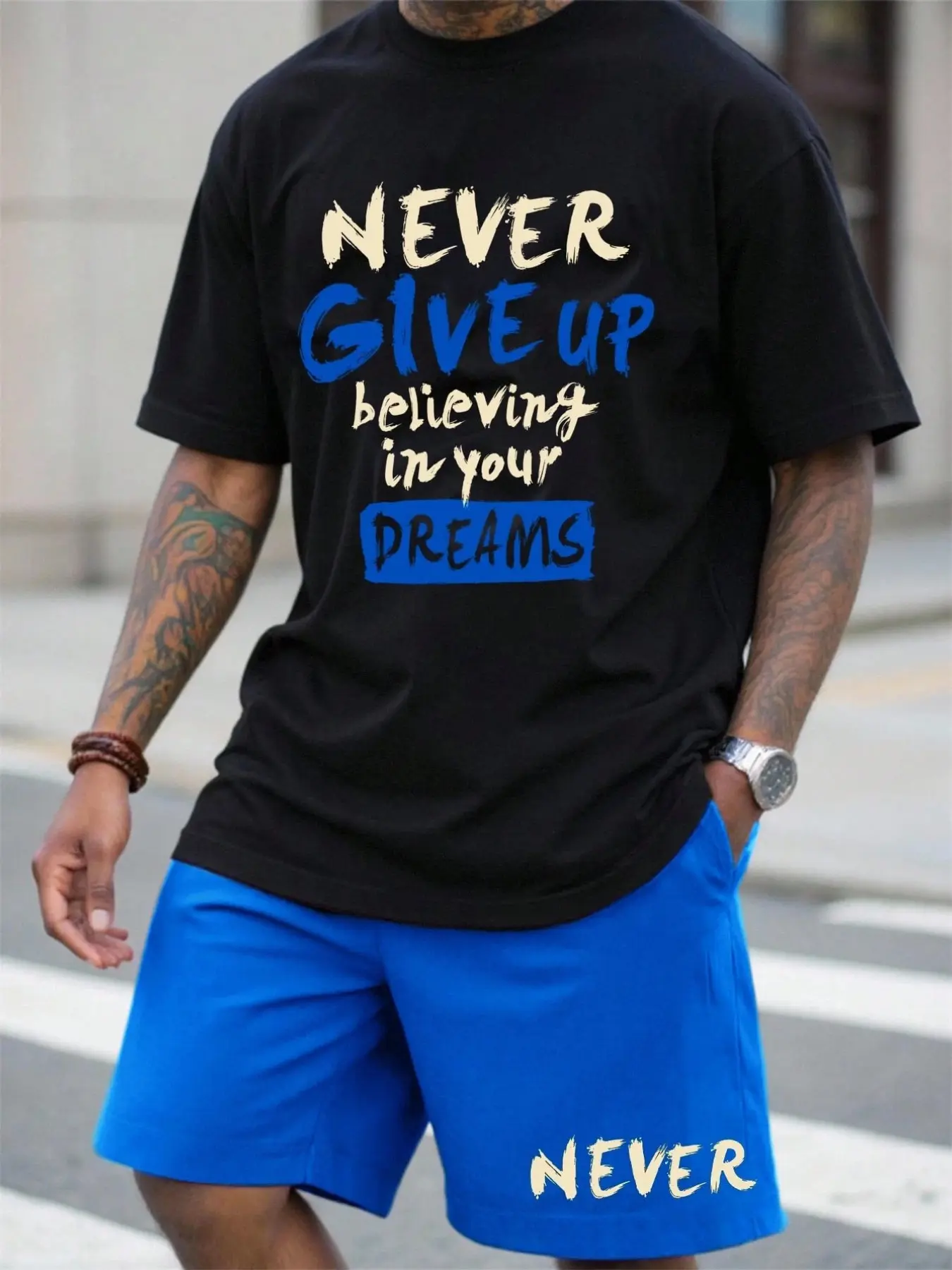 Men 2 Piece Motivational Letter Print Crew Neck Short Sleeve T-Shirt & Drawstring Shorts Matching Set, Casual Streetwear Summer Outfit, Menswear