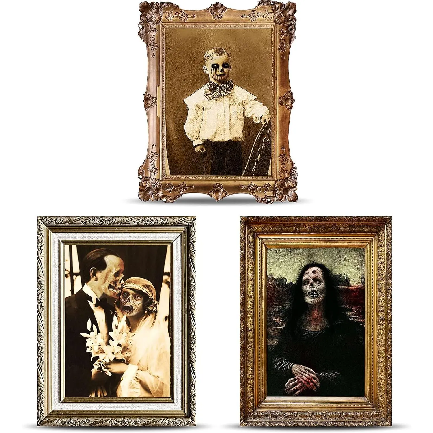 Classic Retro Synthetic Changing Picture Moving Portraits (3 Count, Approx. 13x9") - Gothic Mansion Tabletop/Wall Picture Frame Halloween Party House Decor, Festive Party Supplies Gifts, Party Decor, Gothic Horror