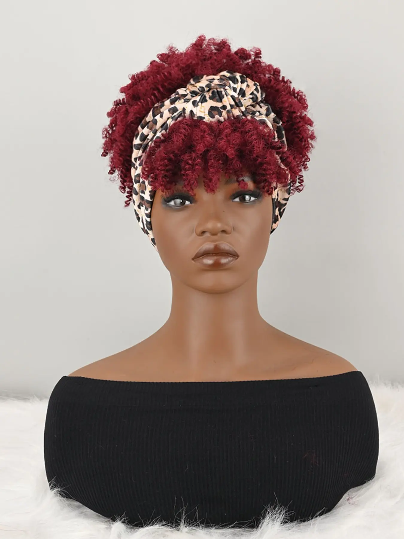 Synthetic Short Voluminous Curly Wig, Burgundy Bang Wig, Leopard Print Scarf Wig, 2 in 1 Turban Wig with Headband, Updo Hairstyle, Fluffy Hair Wigs