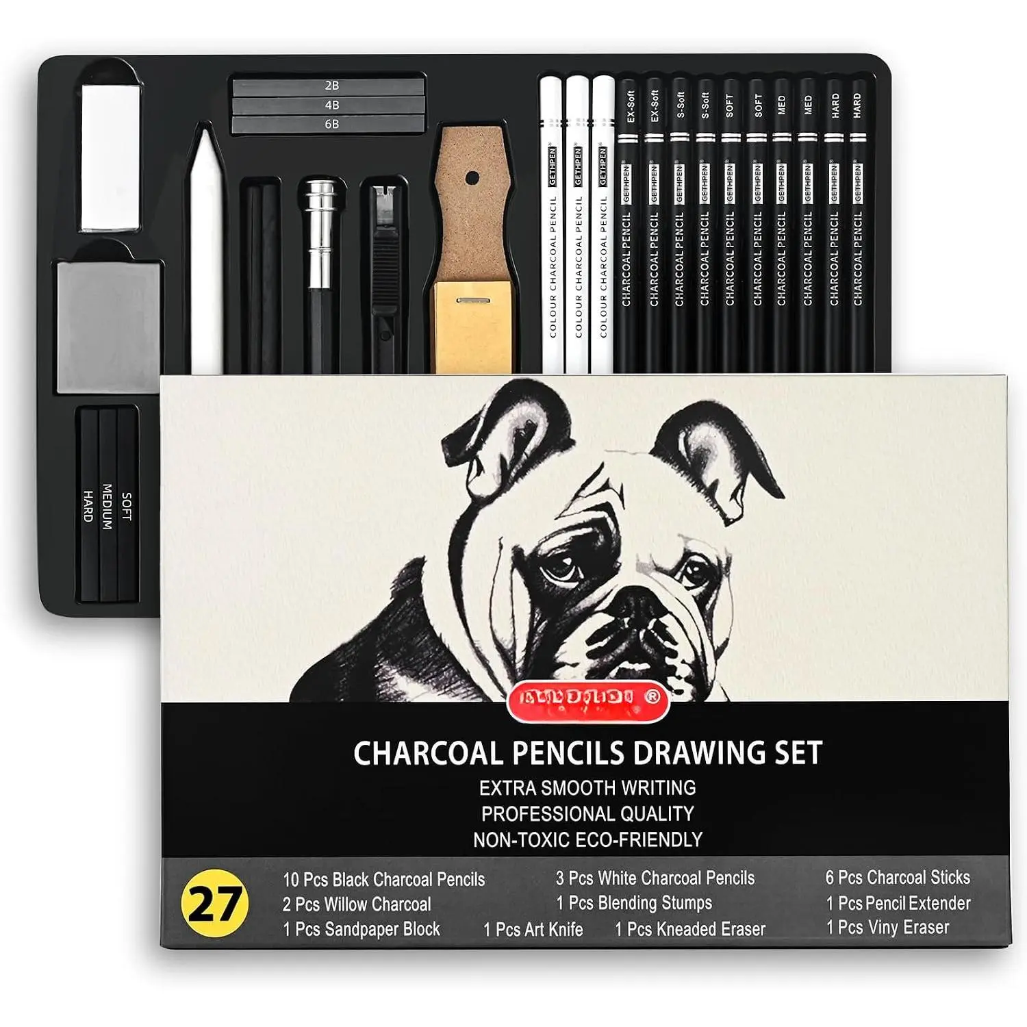 Charcoal Pencils for Drawing, S-Soft, Soft, Medium, Hard, 27 count | Black White Charcoal Pencils Kit, Drawing Pencils for Sketching, Shading, for Teens, Adults, Beginners & Artists