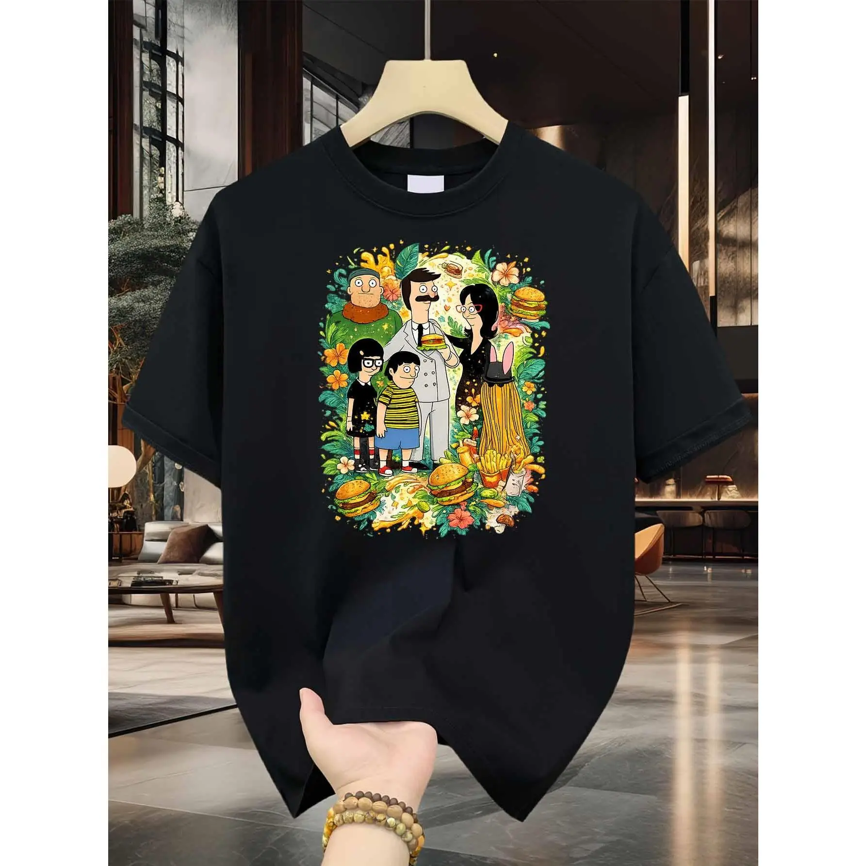 Burger Family Men's Cotton TShirt Cartoon Family Burger Fries Art Print Pattern Pure Cotton Premium Print Durable Casual Fashion Bob's Burgers Belcher Family Floral Burger French Fries Vintage Cartoon Graphic Crew Neck Short Sleeve Tee, Food Cartoon Regul
