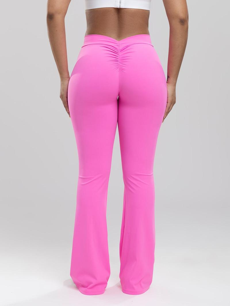 Women's Solid Ruched High Waist Sports Tummy Control Leggings, Comfy Breathable Flare Leg Trousers for Yoga Gym Workout Running, Ladies Sportswear for All Seasons, Gym Clothing, Shaping Leggings