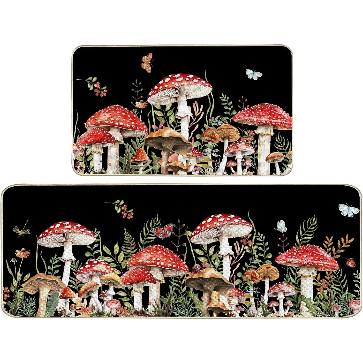 Mushroom Spring Kitchen Rugs and Mats Set of 2, Green  Kitchen Decor, Black Mushrooms Butterfly Anti- Mats for Floor, Washable  17"x27"+17"x47"