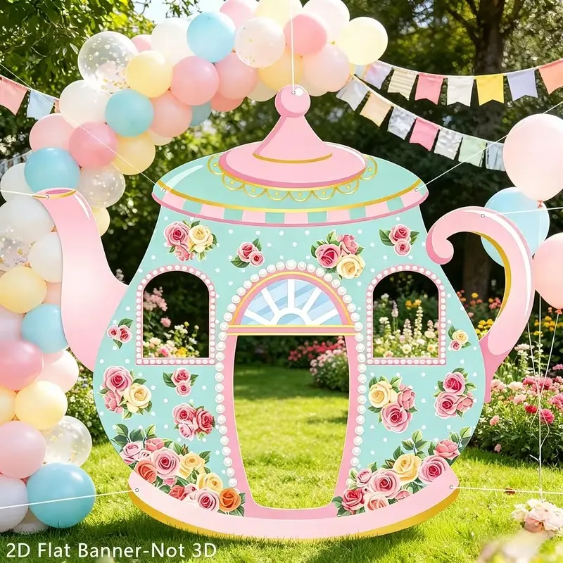 2D Flat Banner, Fairy Tale Floral Teapot Cutout Background, Mint Base with Teapot, Rose Print, Wedding Birthday Tea Party Decor
