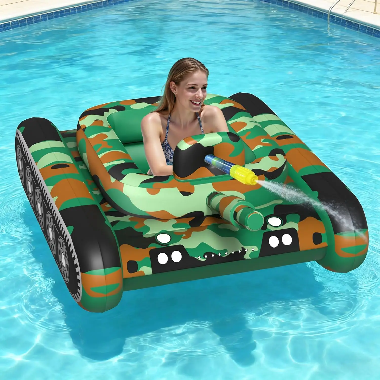 Inflatable Tank Pool Float with Water Cannon Gun, Swimming Pool Floaties for Adults, Swim Raft for Lake, Pool Party, Beach & Backyard - Water Battle Fun, Green