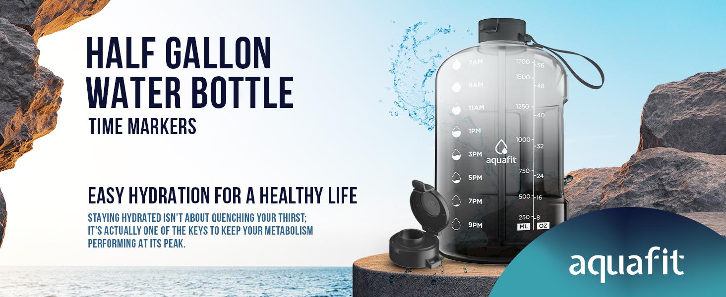 AGS AQUAFIT 64 oz Water Bottle with Time Marker - Straw & Chug Lid - BPA Free Half Gallon Gym Water Bottle with Handle - Big Gallon Jug (Gray, 64 Ounces)