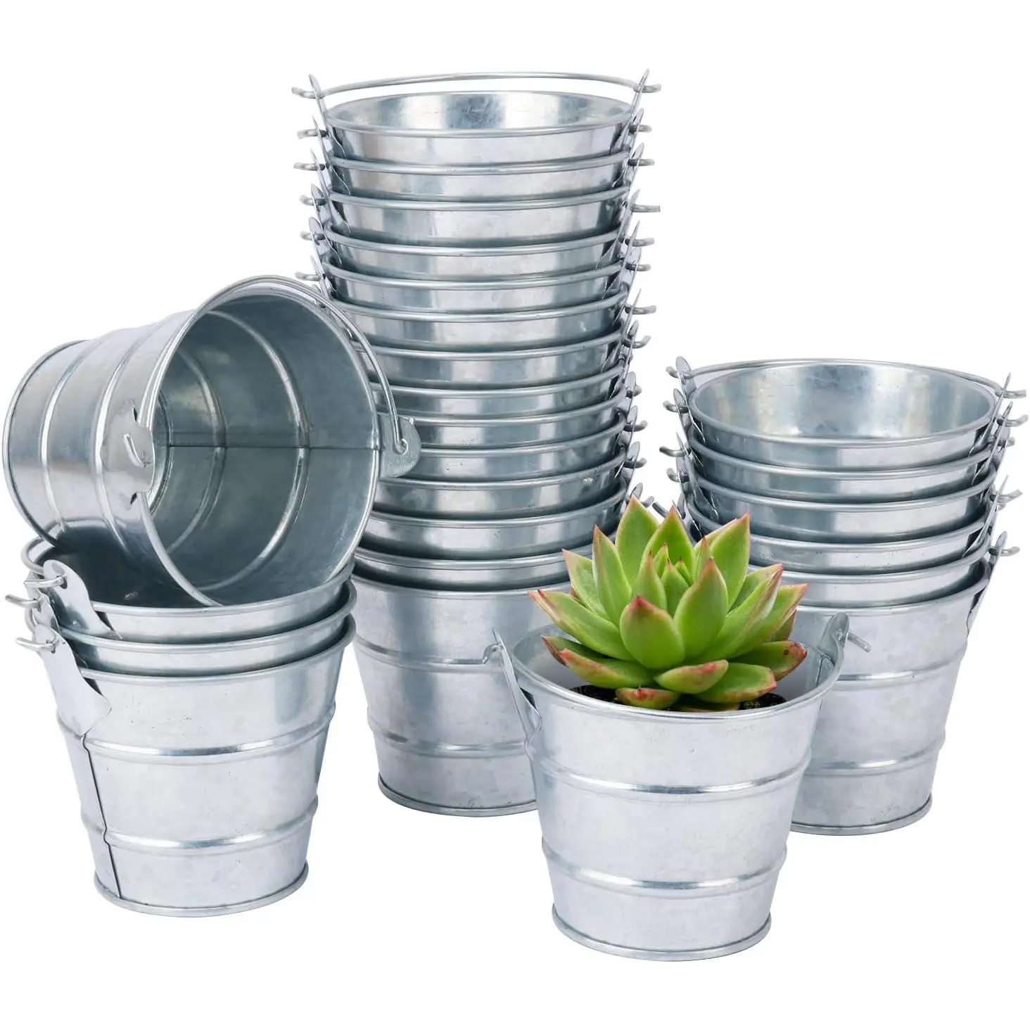 25 Pack 3 Inch Small Galvanized Metal Buckets with Handles, Mini Tin Pails for Party Favors, , Rustic  Decor