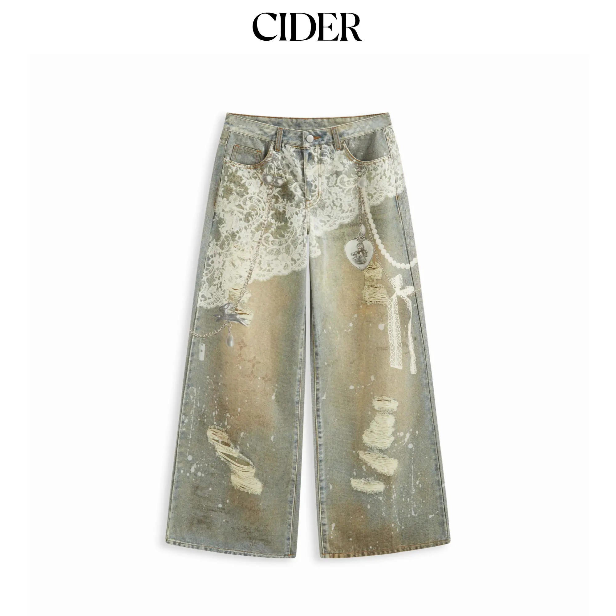 Cider Denim Low Rise Lace Graphic Wide Leg Jeans SummerFinds