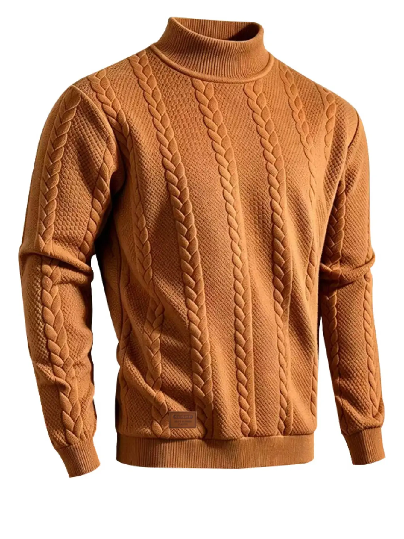 Men's Winter Sweatshirt, High Neck Casual Loose-Fit, Plain Color Textured Knit, Warm Pullover with Stand Label, Large Size