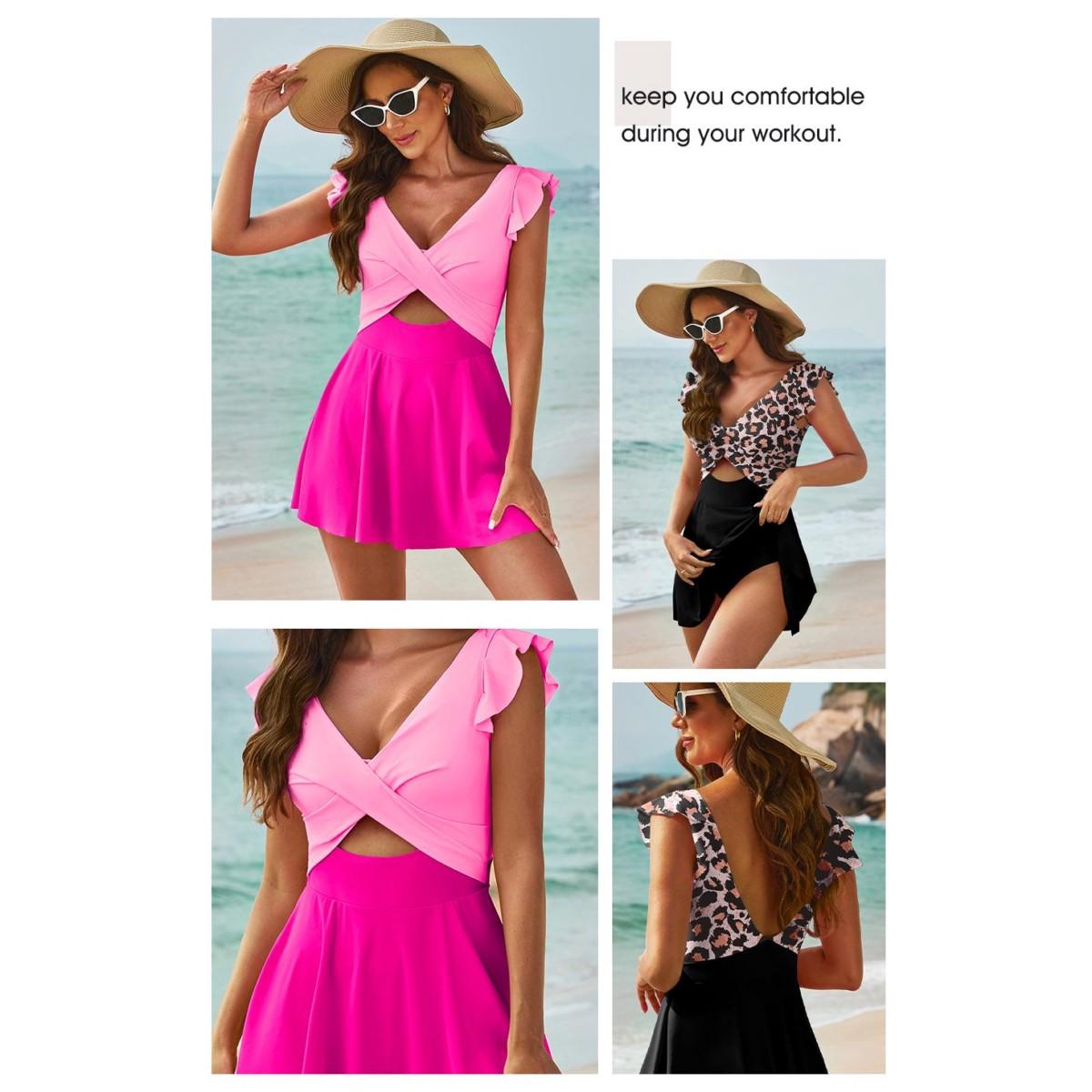 Women's One Piece Swimsuit Ruffle Cutout Swimdress Tummy Control V Neck Wrap Swimwear Swimming Sport Clothing Beach 2