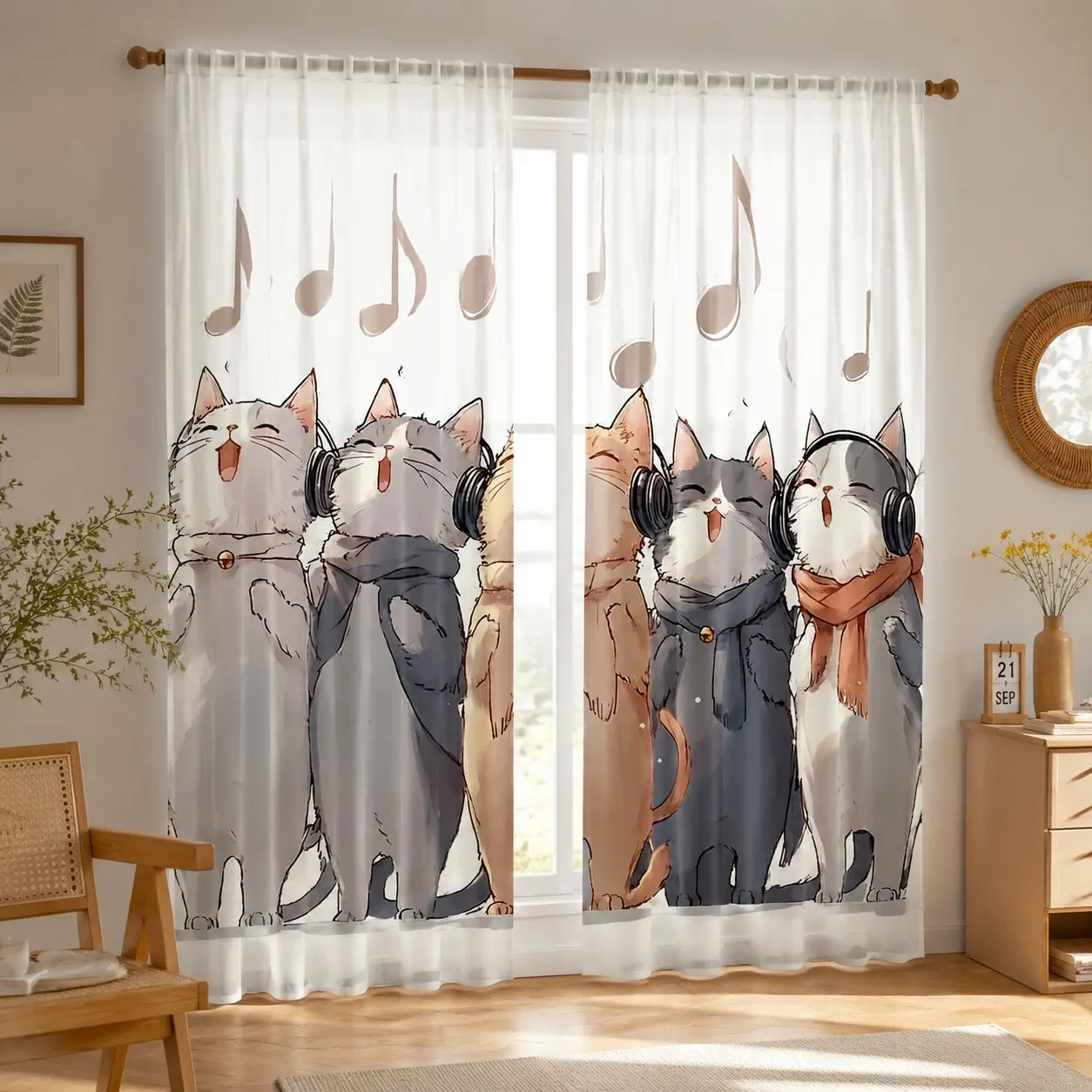 2-Pack Cartoon Cat Curtains, Polyester Rod-Pass Through Design, Modern Style, Ideal for Bedroom & Living Room Decor