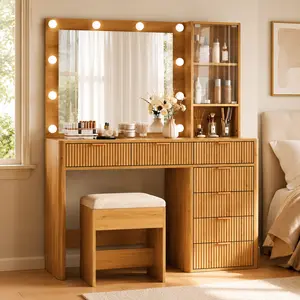 47'' W Fluted Vanity Desk [Shipping By 2 Packages] Makeup Vanity with Power Oultlet, 7 Drawers Vanity with 10 LED Lights and Mirror, 3 Lighting Modes Adjustable, Glass Top, Vanity with Chair for Bedroom, Natural,SummerVibe