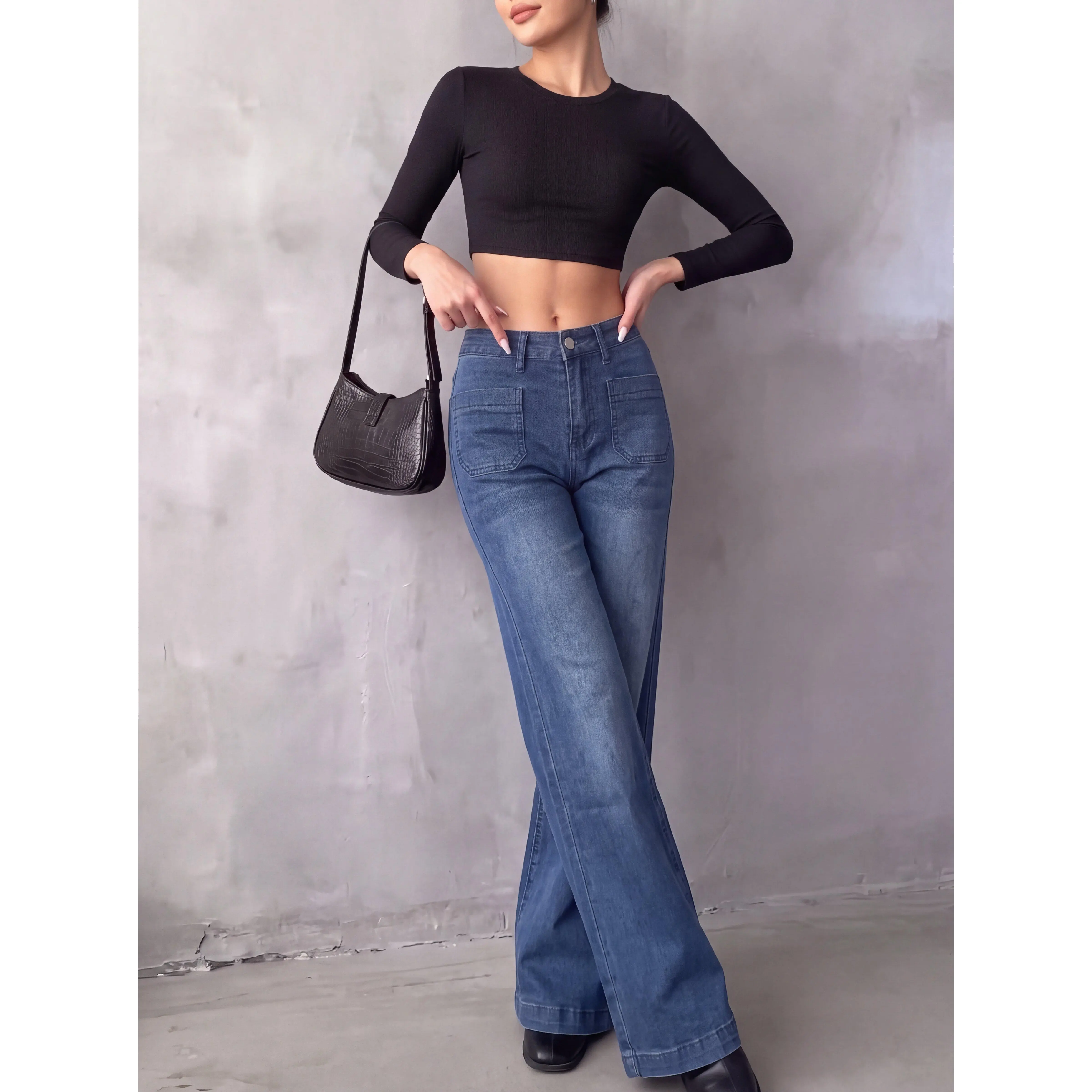 Women's Stretchy High-Rise Loose Flare Denim Bottoms - Basic Opaque Full-Length Casual Wear Jeans with Leg-Lengthening Medium Wash & Utility Pockets