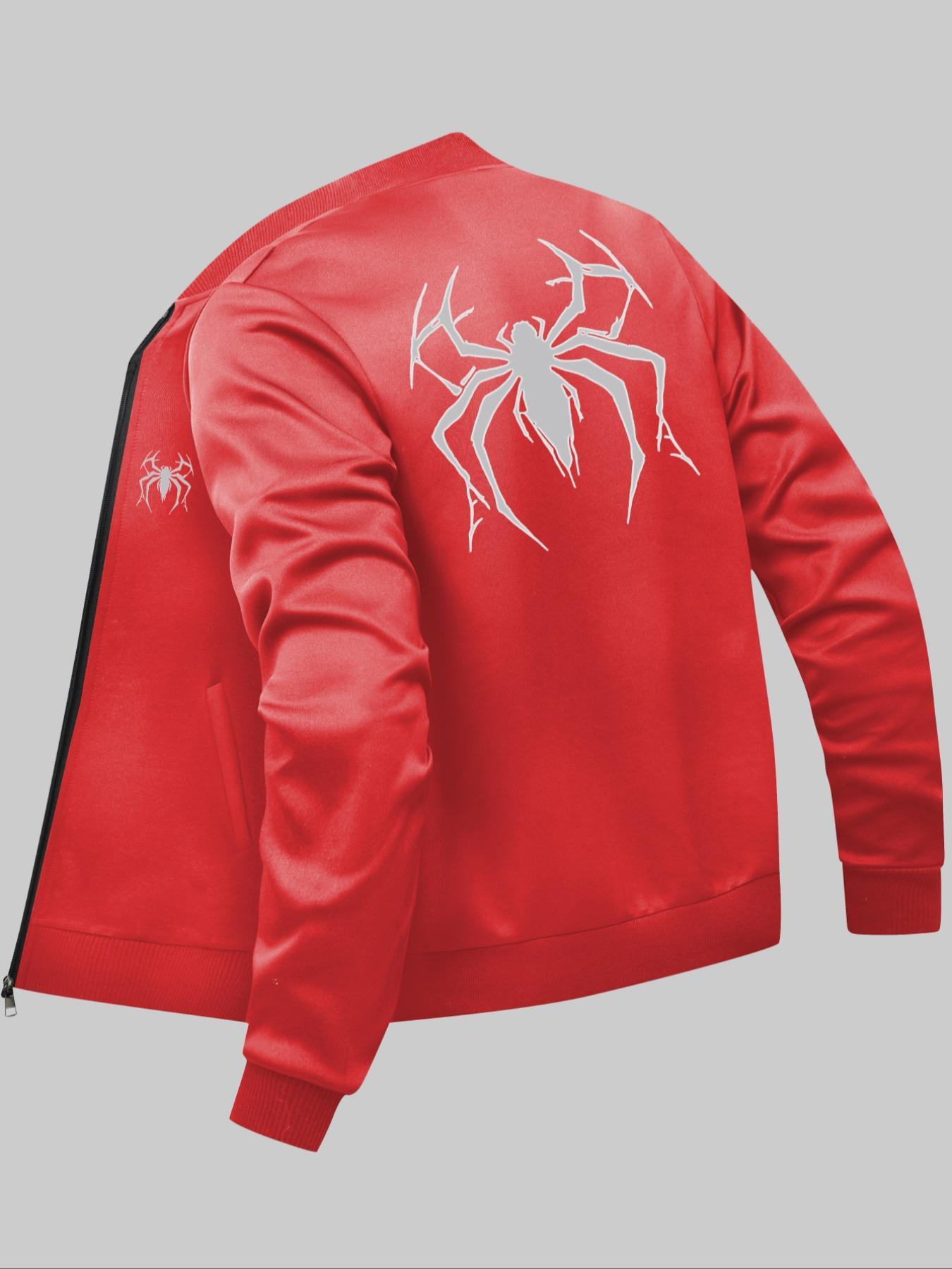 Men's Spider Print Zip Up Baseball Collar Jacket, Casual Long Sleeve Pocket Outerwear for Daily Wear, Fashion Men's Clothes for All Seasons Stretchy Fabric