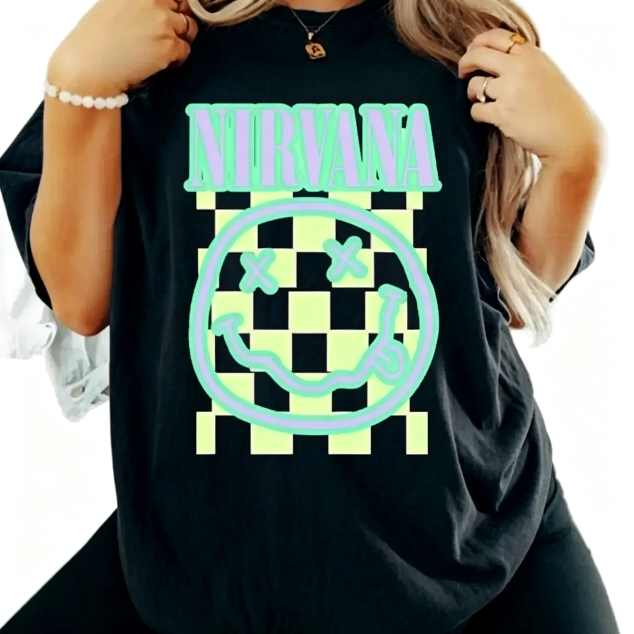 Nirvana Smiley Face Checkered Oversized Tshirt Women Vintage Grunge Rock Band Graphic Printed Tee Pastel Casual Short Sleeve Top