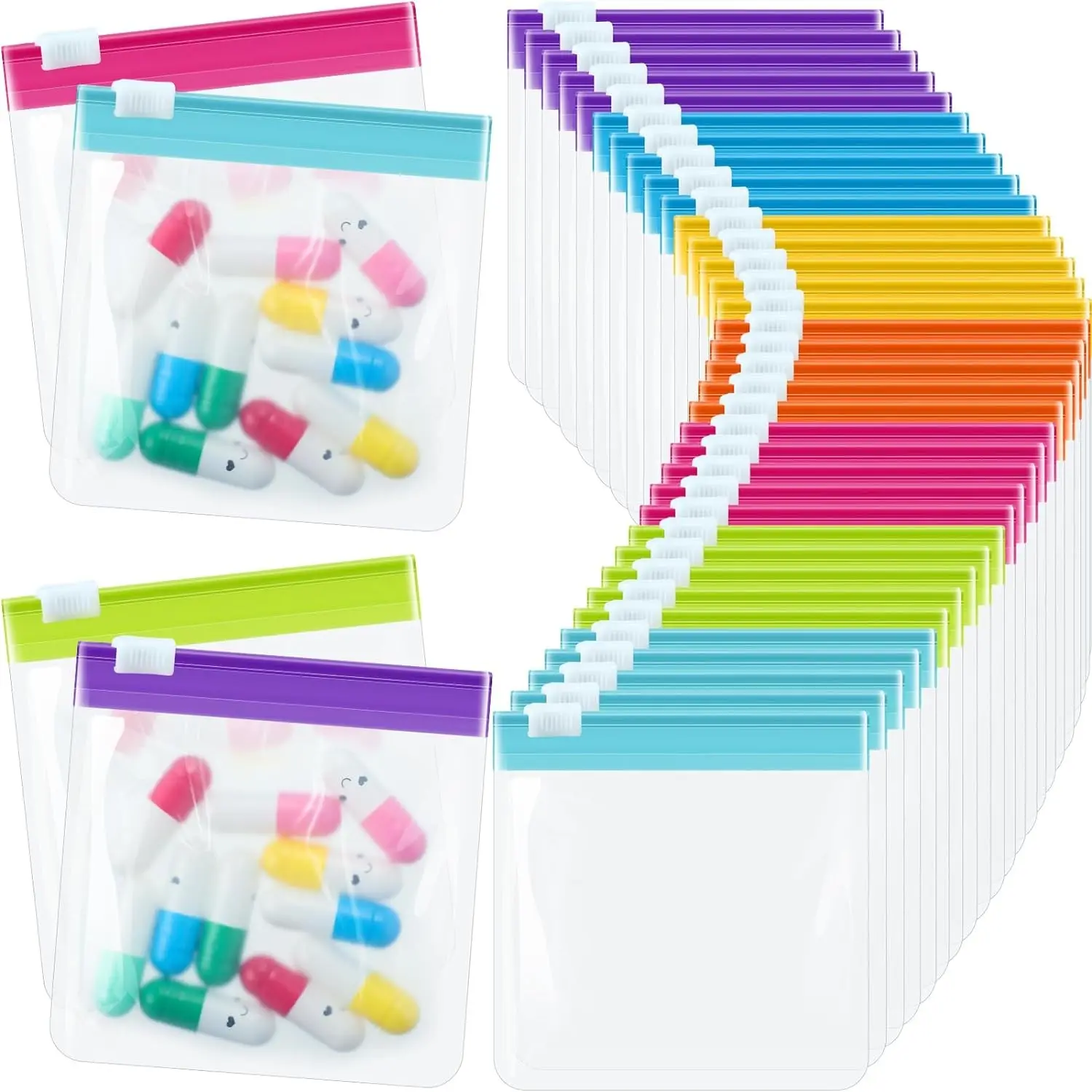 21-Piece Reusable Zipper Pill Bags Set, Transparent Medicine Storage Box, Self-Seal Plastic Pouches with Slide Lock, Vibrant Colors, 3x3 Inches
