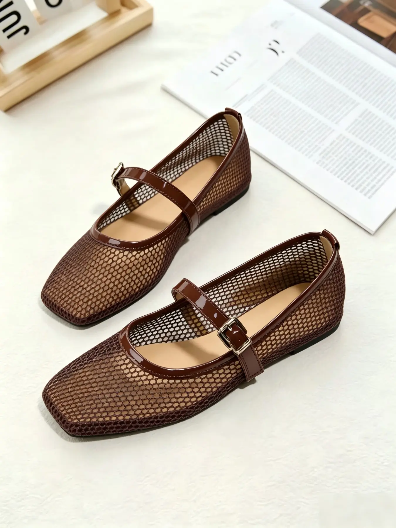 Women's Breathable Mesh Ballet Flats, Lightweight Comfortable Square Toe Shoes, Solid Color, Summer Casual Mary Jane Sandals