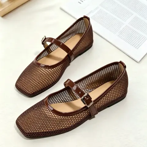 Women's Breathable Mesh Ballet Flats, Lightweight Square Toe Sandals, Metal Buckle Strap, Summer Casual Mary Jane Shoes, Fashionable Flats