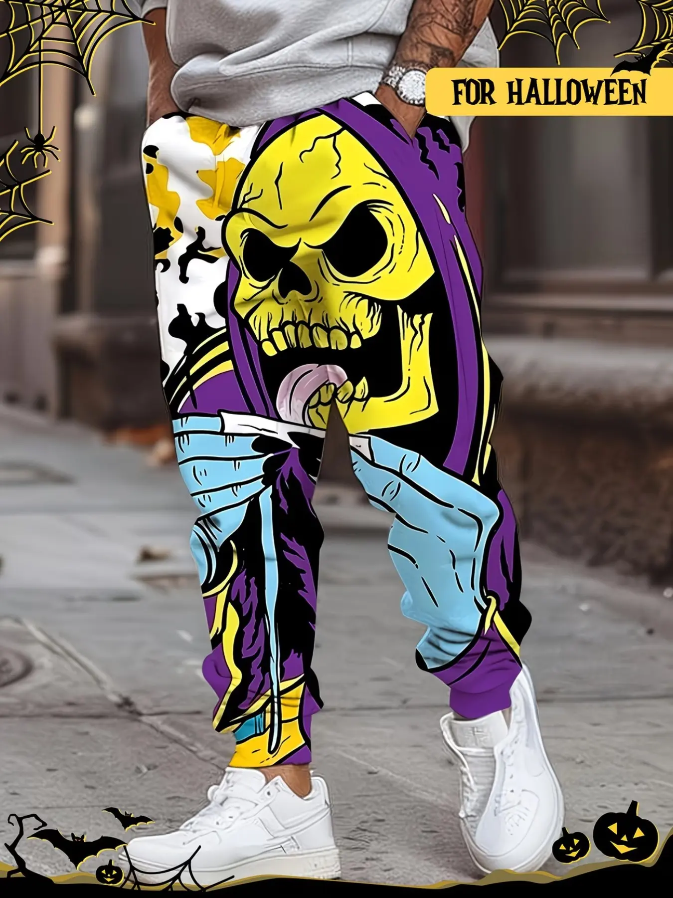 Men's 3D Halloween Skull Print Sweatpants, Drawstring Waist with Pockets, Casual Fitted Long Pants, All-Season Geometric Knit