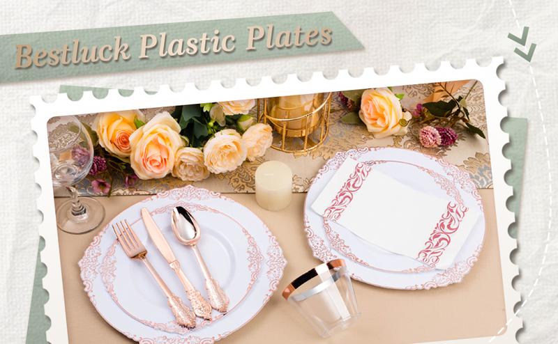 Rose Gold Plastic Plates Set for 50 Guests 100 Disposable Plates 150 Silverware 50 Cups 50 Napkins Elegant Vintage Trim Perfect for Christmas Party Wedding Birthdays & Anniversary