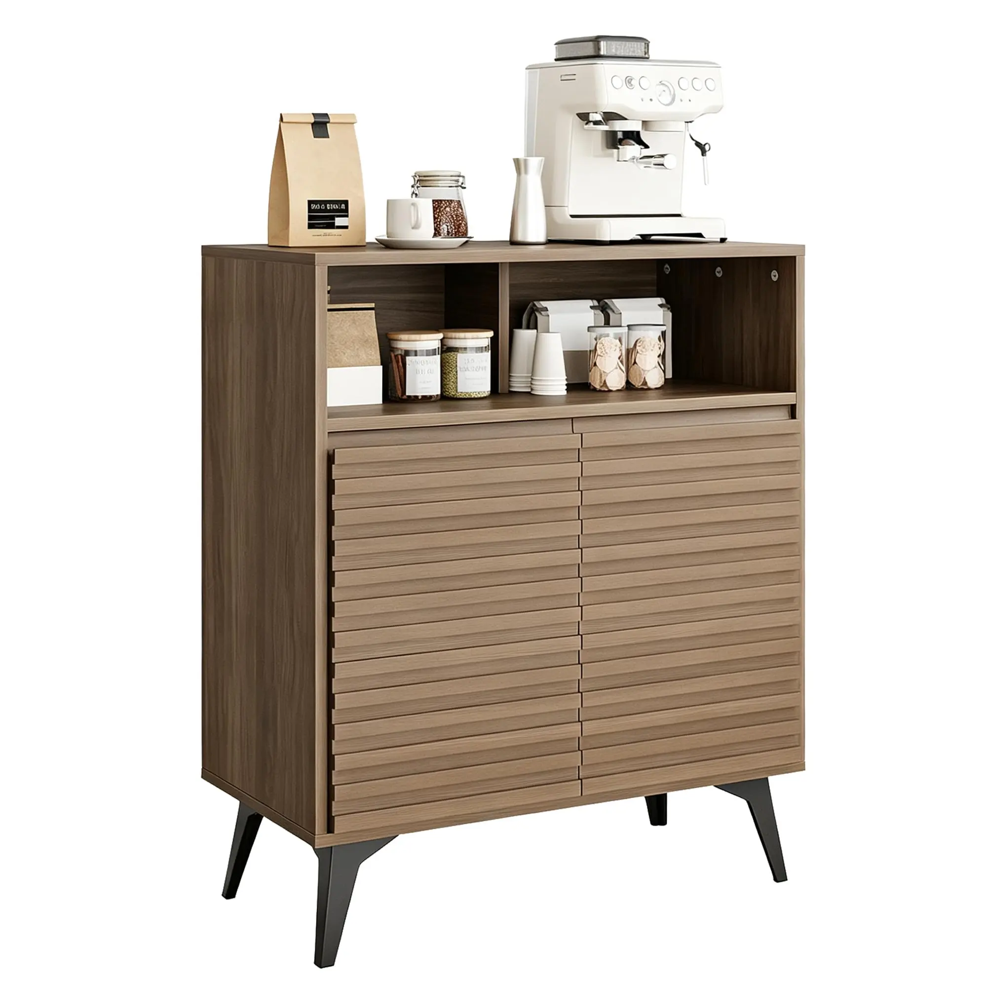 Fluted Storage Cabinet, Farmhouse 4-Tier Buffet Sideboard with Metal Legs and Adjustable Shelves for Living Room, Kitchen, or Entryway
