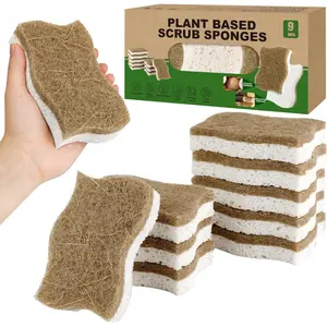 9 Pack Biodegradable Natural Kitchen Sponges - Compostable Cellulose and Coconut Walnut Scrubber Sponge - Eco Friendly Sustainable Sponges for Dishes (9 Pack)