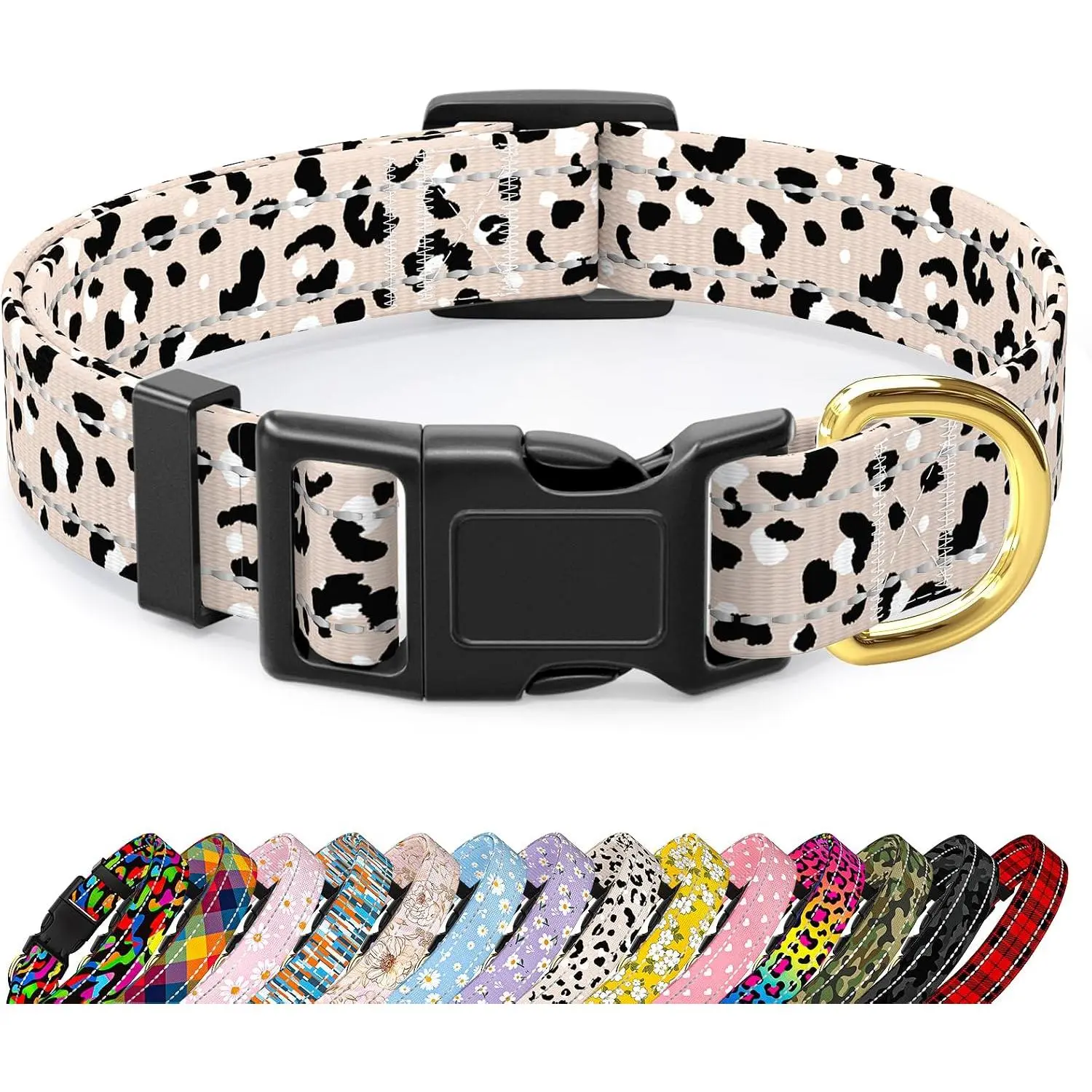 Reflective Dog Collar for Medium Dogs, Cute Leopard Style Adjustable Heavy-Duty Nylon Puppy Collar for Boy and Girl Female, Soft Pet Accessories with Quick Release Buckle, Beige