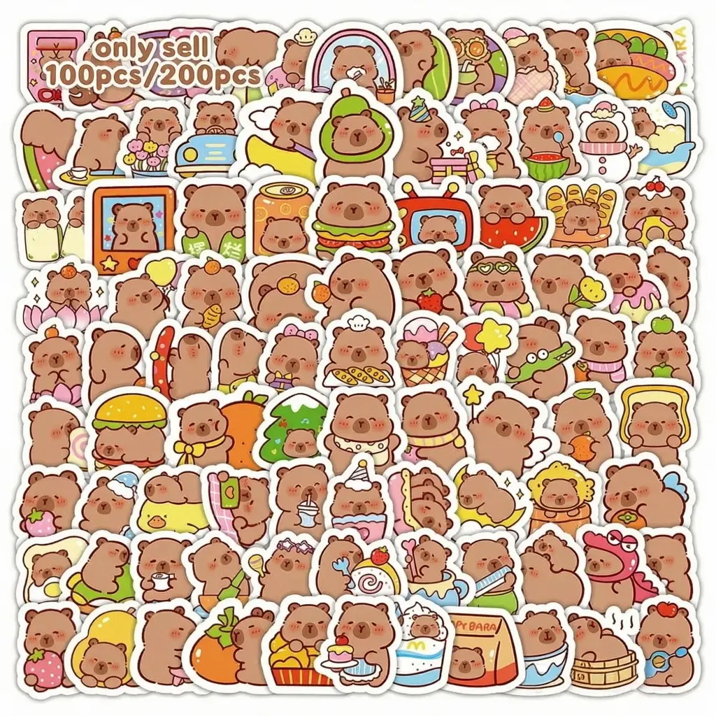 TOOUEE 100pcs/200pcs Cute Capybara Stickers Set – Funny Waterproof Vinyl Decals for Laptop, Water Bottle, Notebook, Journal, Planner, Phone Case, Skateboard – Adorable Animal Gifts for Kids Teens Adults Birthday Christmas Halloween