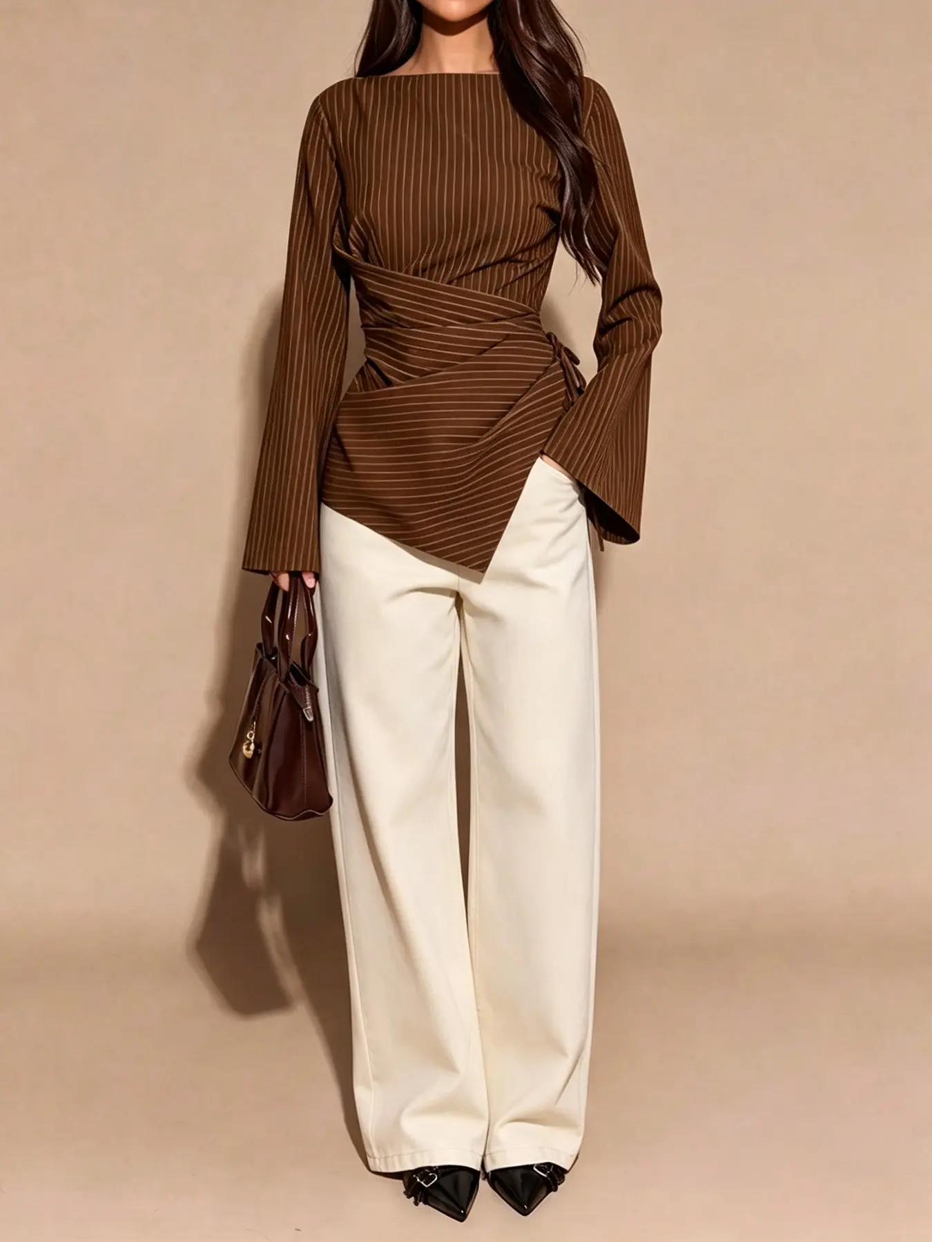 Women Long Sleeve Blouse Quiet Luxury Office Siren Viral Aesthetic Top, Brown Vertical Pinstripe Wrap Tie Waist Boat Neck Flare Sleeve Slimming Irregular Hem Business Casual Shirt, Elegant Minimalist Workwear for Office Daily Date Fall Outfits