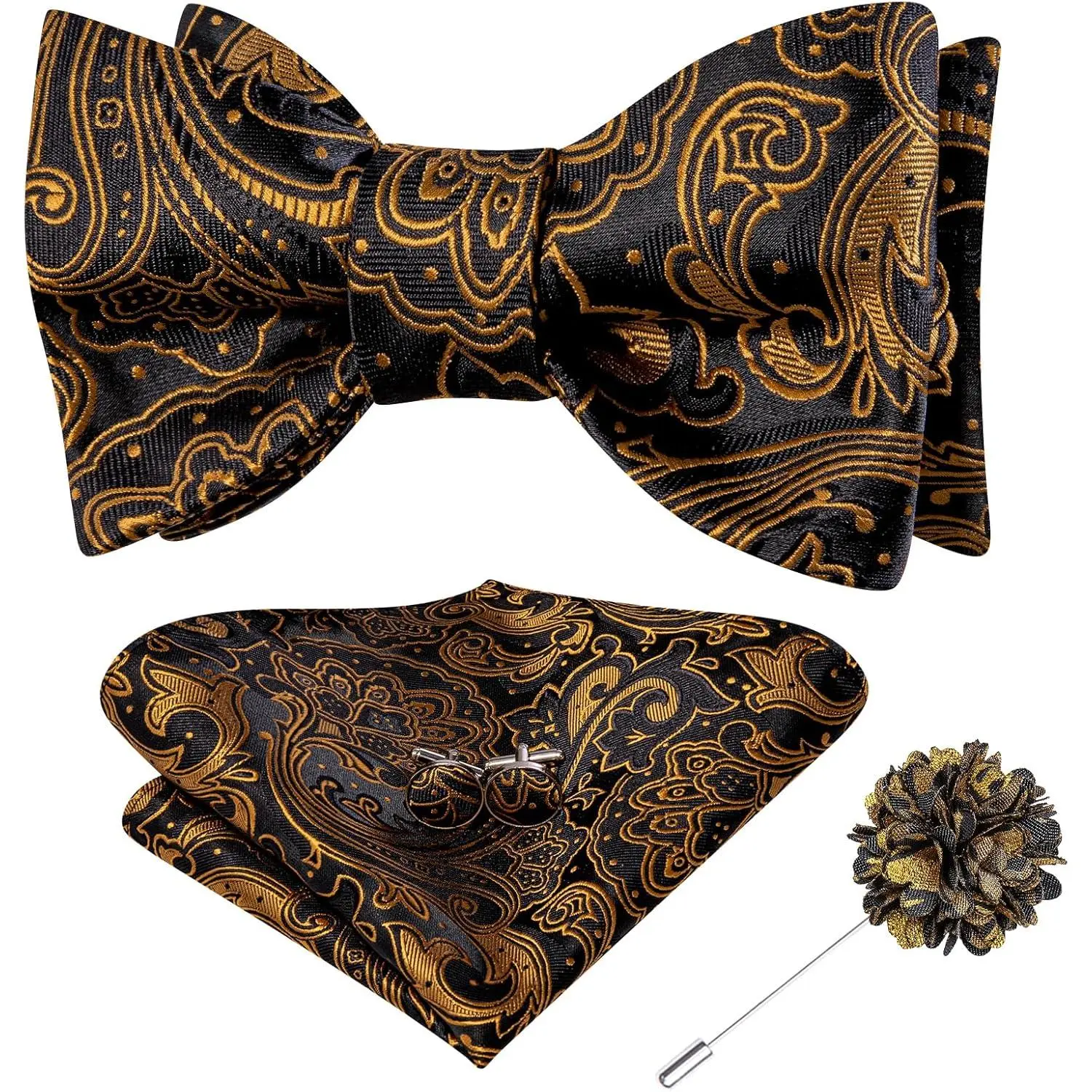 Men's Paisley Print Bow Tie Set Pack, Classic Self-Tie Style with Handkerchief, Cufflinks, and Lapel Pin for Formal Wedding Wear, Classic Bow