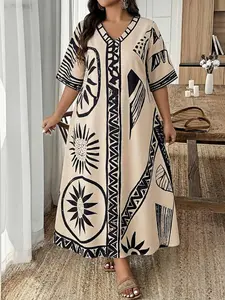 Plus Size Emery Rose Print V Neck a Line Casual Dress, Elegant Loose-Fitting Short Sleeve Dress, Comfortable and Stylish for Daily Wear