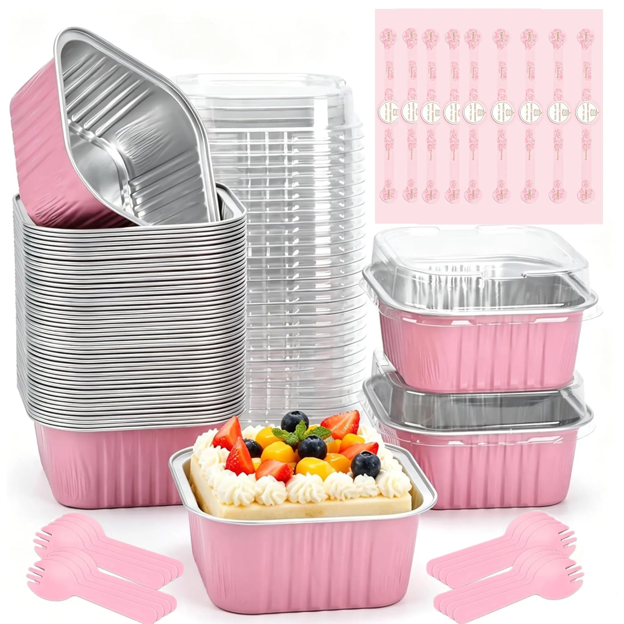 25-Pack 5oz Square Aluminum Foil Baking Cups Set with Lids, Disposable Mini Cake Pans with Forks, Spoons & Sealing Stickers, Heat-Resistant Party Treat Containers for Birthdays, Picnics, Bakeries
