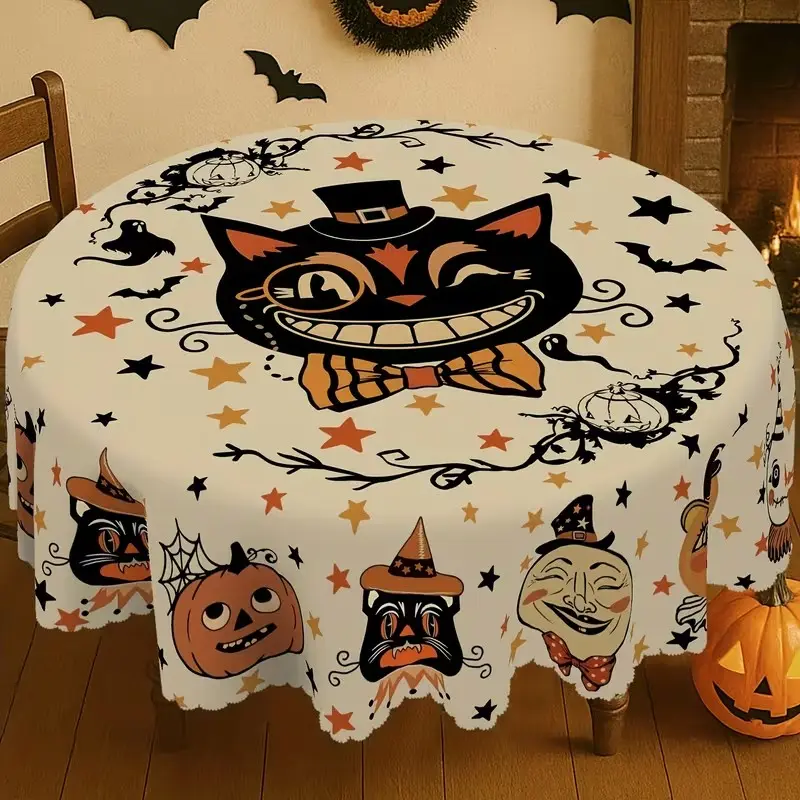 Halloween Tablecloth with Ghost, Pumpkin, Cat, Bat Patterns, Durable Polyester, Kitchen, Dining Room, Outdoor Party Decor