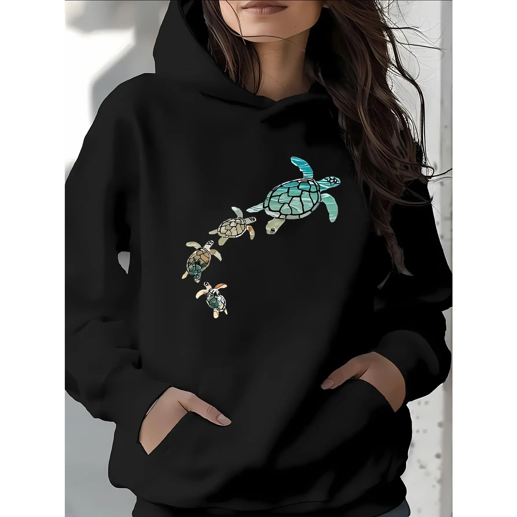 Women's Lightweight All-Season Hoodie with Sea Turtle Print - Green/Blue/Golden Turtle Design, Relaxed Fit Casual Sweatshirt, Machine Washable Black Hooded Sweater for Marine-Themed Outfits & Casual Attire