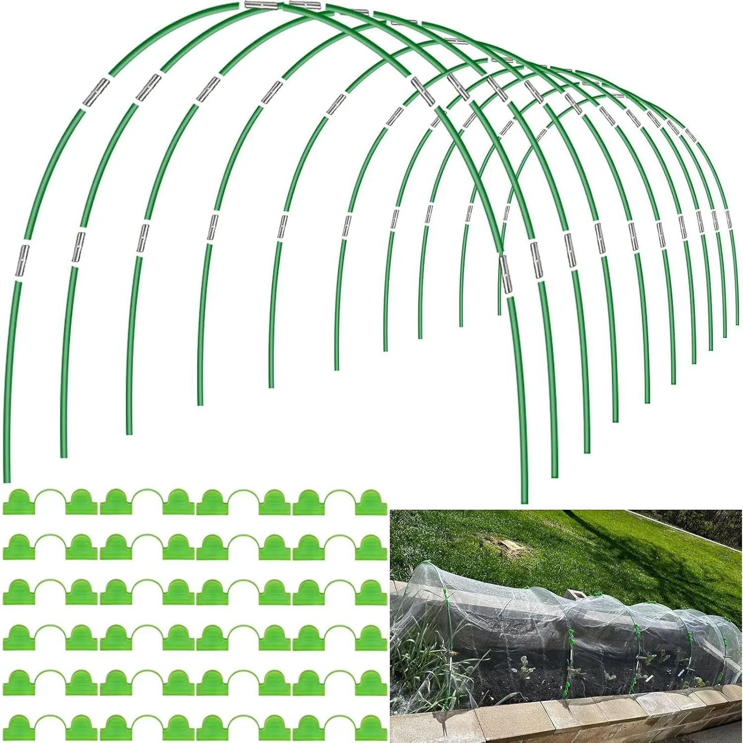 60pcs Garden Hoops Raised Beds Wide, 8ft Greenhouse Hoops Grow Tunnel Row Cover Netting, Adjustable Fiberglass Rust-Free Garden Bed Plant Hoops Support DIY Frame Stake Outdoor, 40pcs Clips