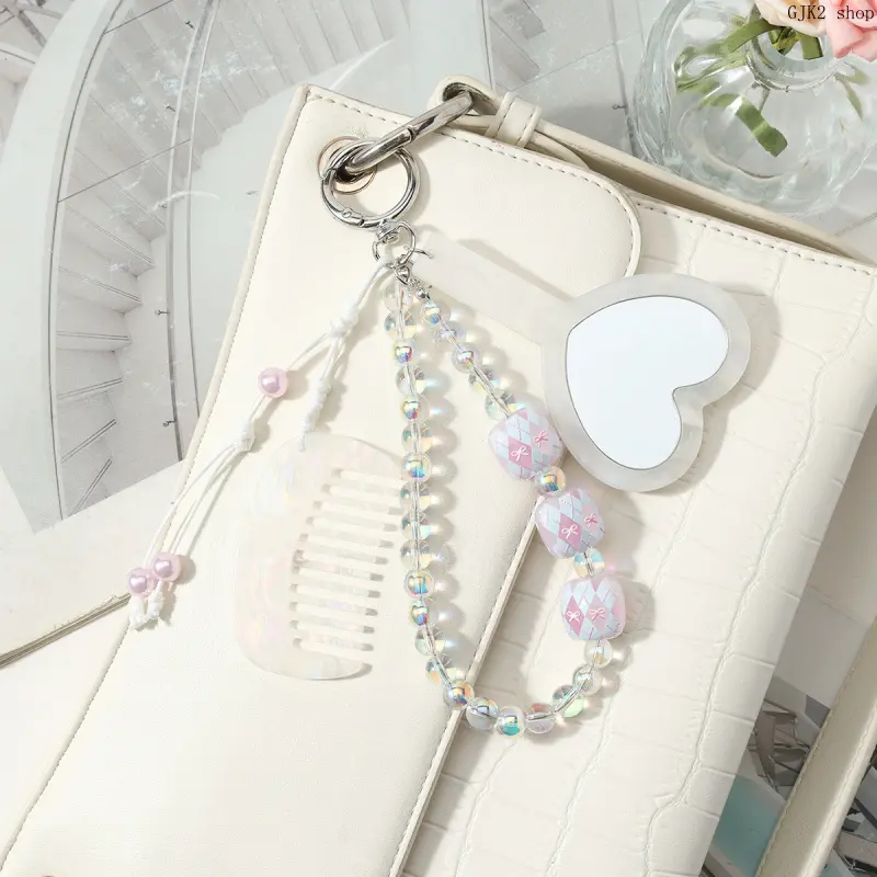 Mini Heart Mirror Comb Keychain, Crystal Bead Tassel Bag Charm Portable Makeup Mirror Pendant Y2K Girl Accessories
