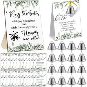 Tandefio 50 Sets Wedding Party Favors Including 1 Ring the Bells Wood Sign 50 Mini Silver Kissing Bells with 50 Seating Place Cards and Twist Ties Wedding Reception Gifts Thank You Gift for Guest