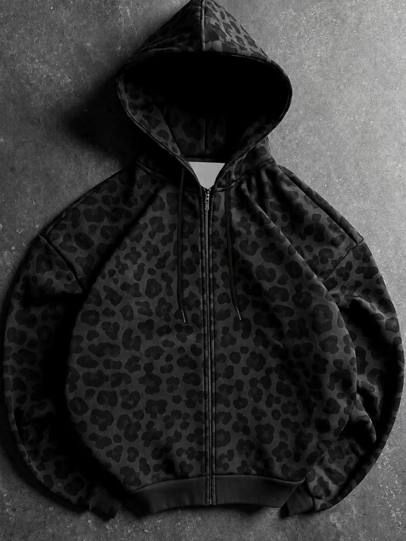 Unique Dark Leopard Print Hooded Sweatshirt, Vintage Loose Fit Zipper Jacket for Men, Casual Street Style Outerwear, Casual Sweatshirts