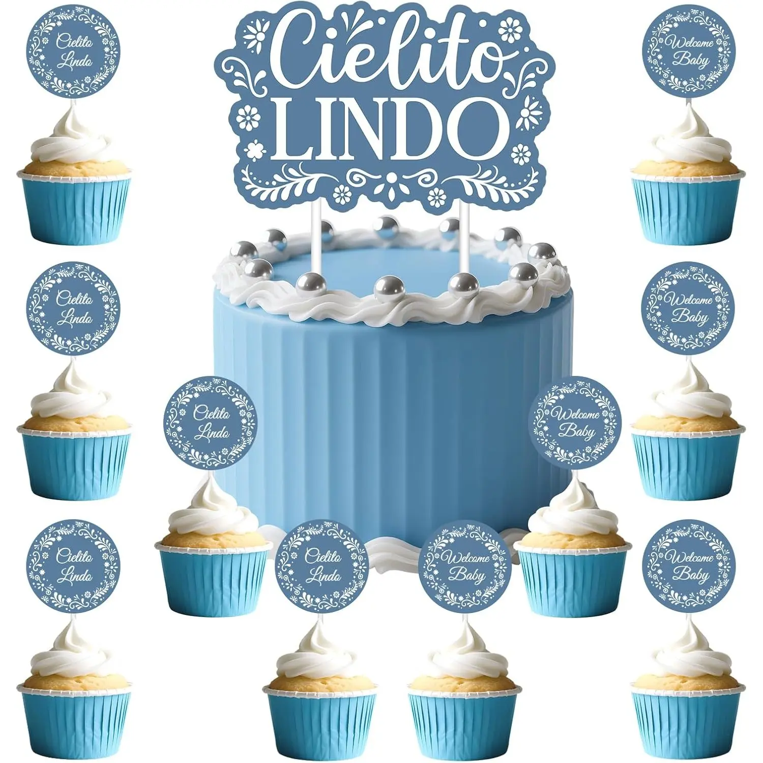 1Set Cielito Lindo Party Decorations 25Pcs Cielito Lindo Papel Picado Cake and Cupcake Toppers Blue Talavera Cake Decorations for Boys Baby Shower Mexican Cinco de Mayo Fiesta