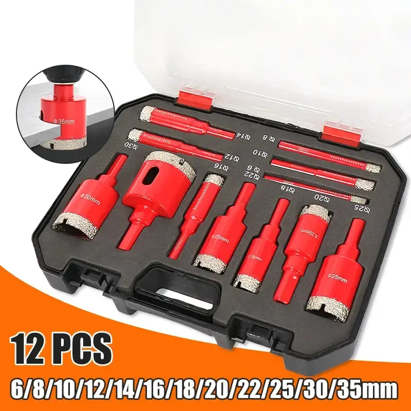 12pcs Diamond-tipped Drill Bits Set, 6mm-35mm Multi Sizes, Supports Dry & Wet Drilling, Effortlessly Drill Tiles, Glass, Marble and Stone Slabs, Sturdy Durable Cutting Tool, Practical Hardware Gift for Diy Craft Projects and Household Home Renovation Work